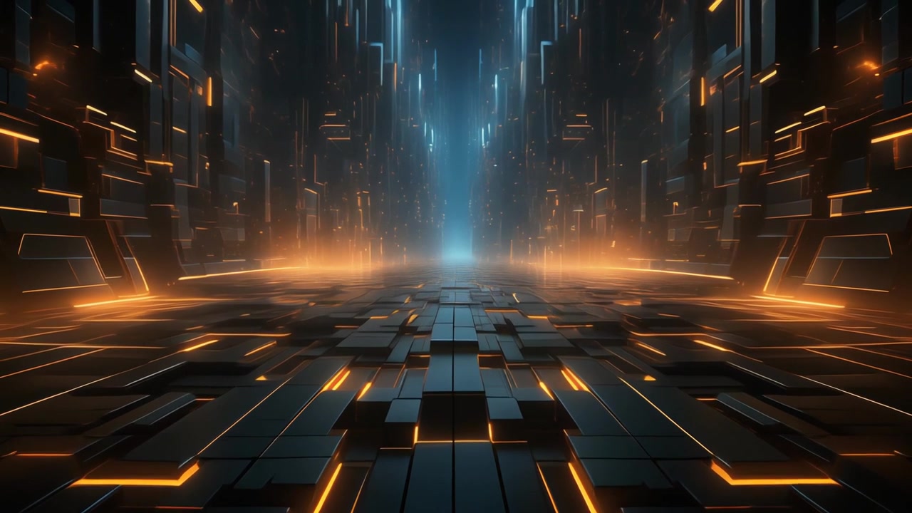 Futuristic Digital Corridor with Glowing Orange and Blue Light Lines