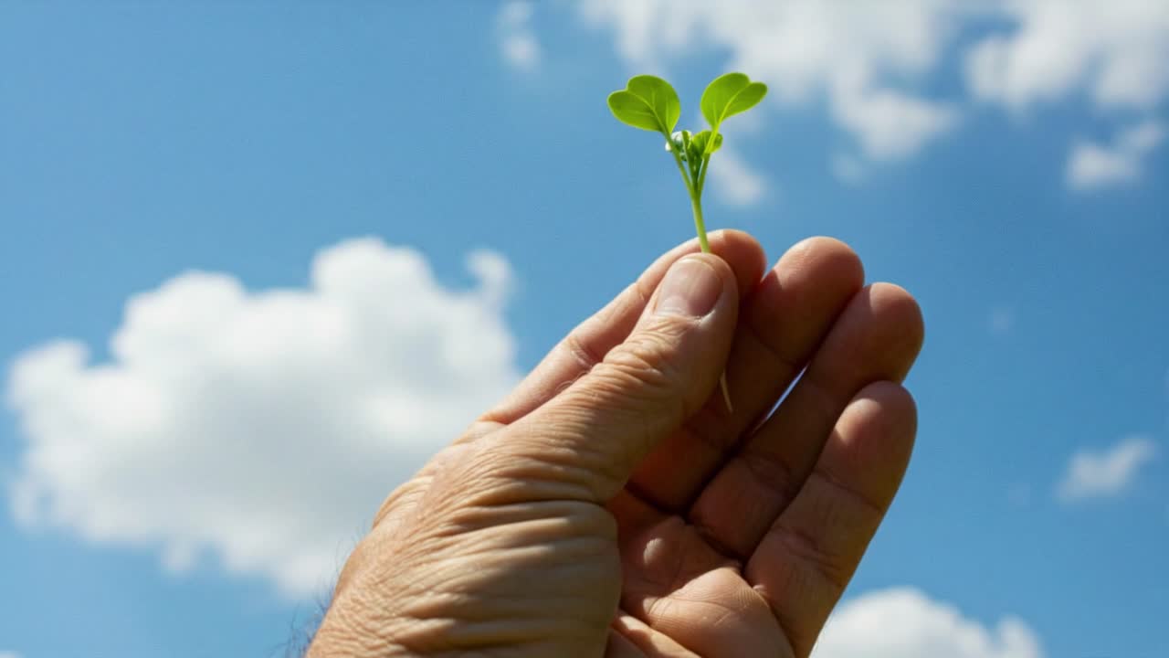 Showcasing a small green seedling held against a bright blue sky with fluffy white clouds during daylight