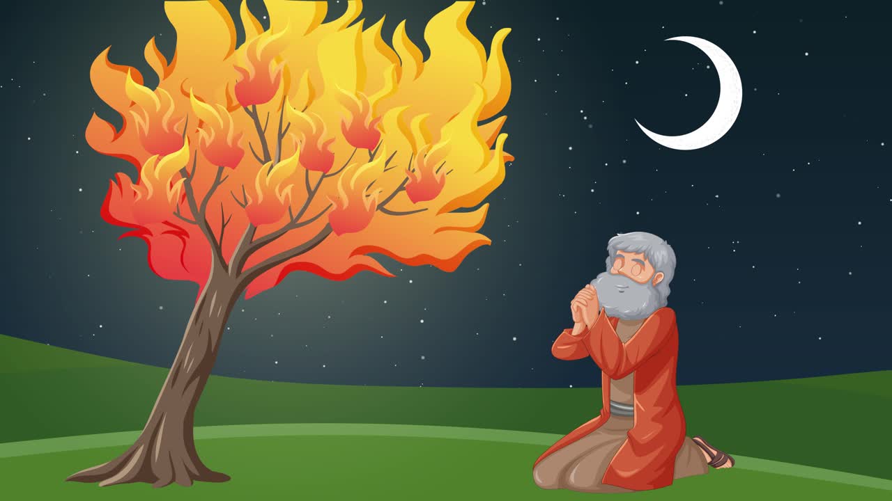 el monje animado reza mientras el árbol arde repetidamente.