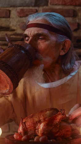 el anciano bebe y mira a un lado en la taberna. el aristócrata anciano tiene un abundante banquete con pollo a la parrilla y alcohol en el castillo.
