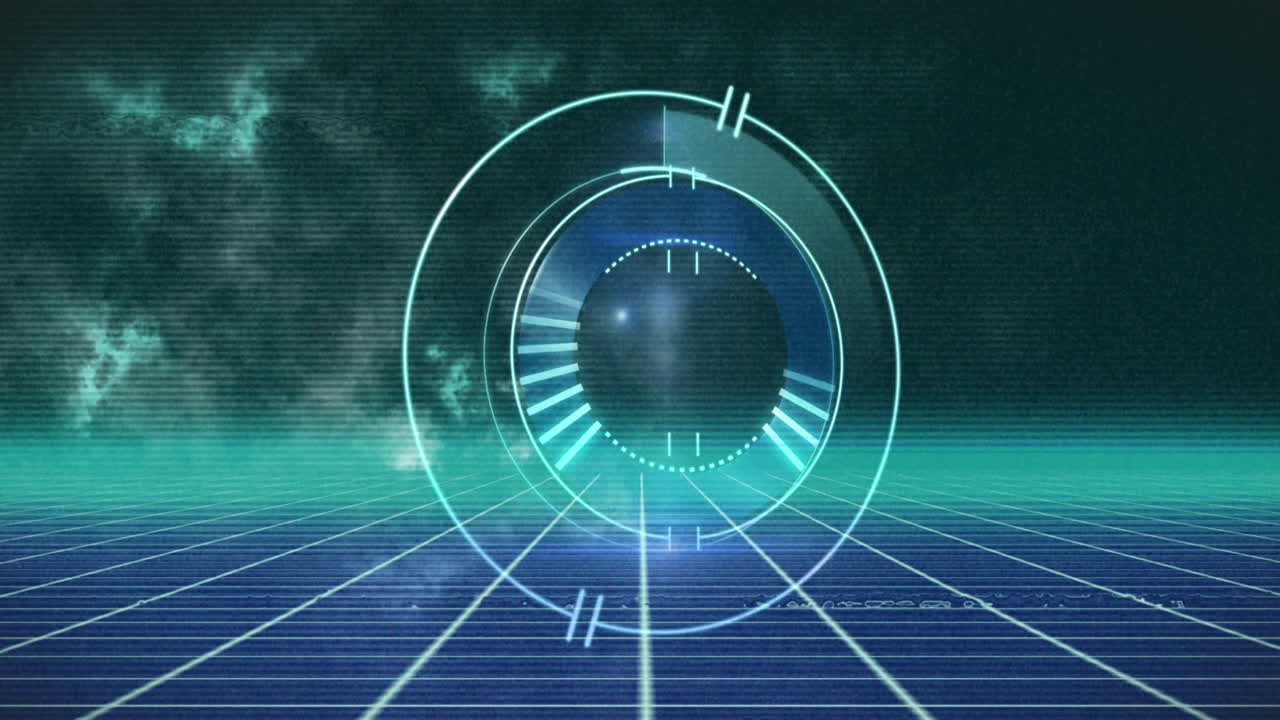 검은 배경에 대한 그리드 네트워크에서 둥근 스캐너에 대한 오류 효과의 애니메이션