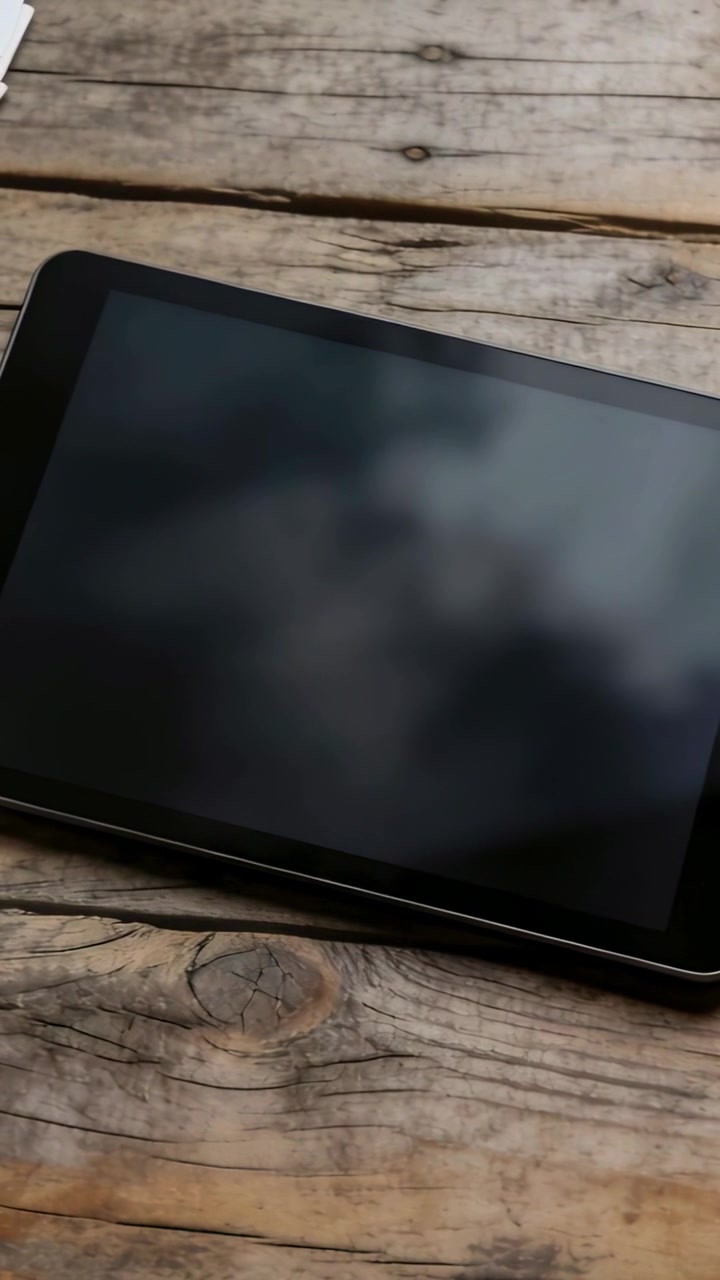 Vertical video: Camera panning showing black tablet diagonal on plank, revealing papers and clouds