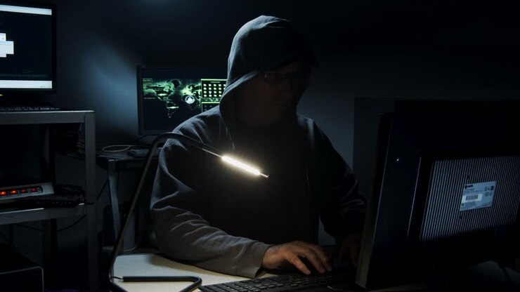 Hacker informatico digita codice al computer