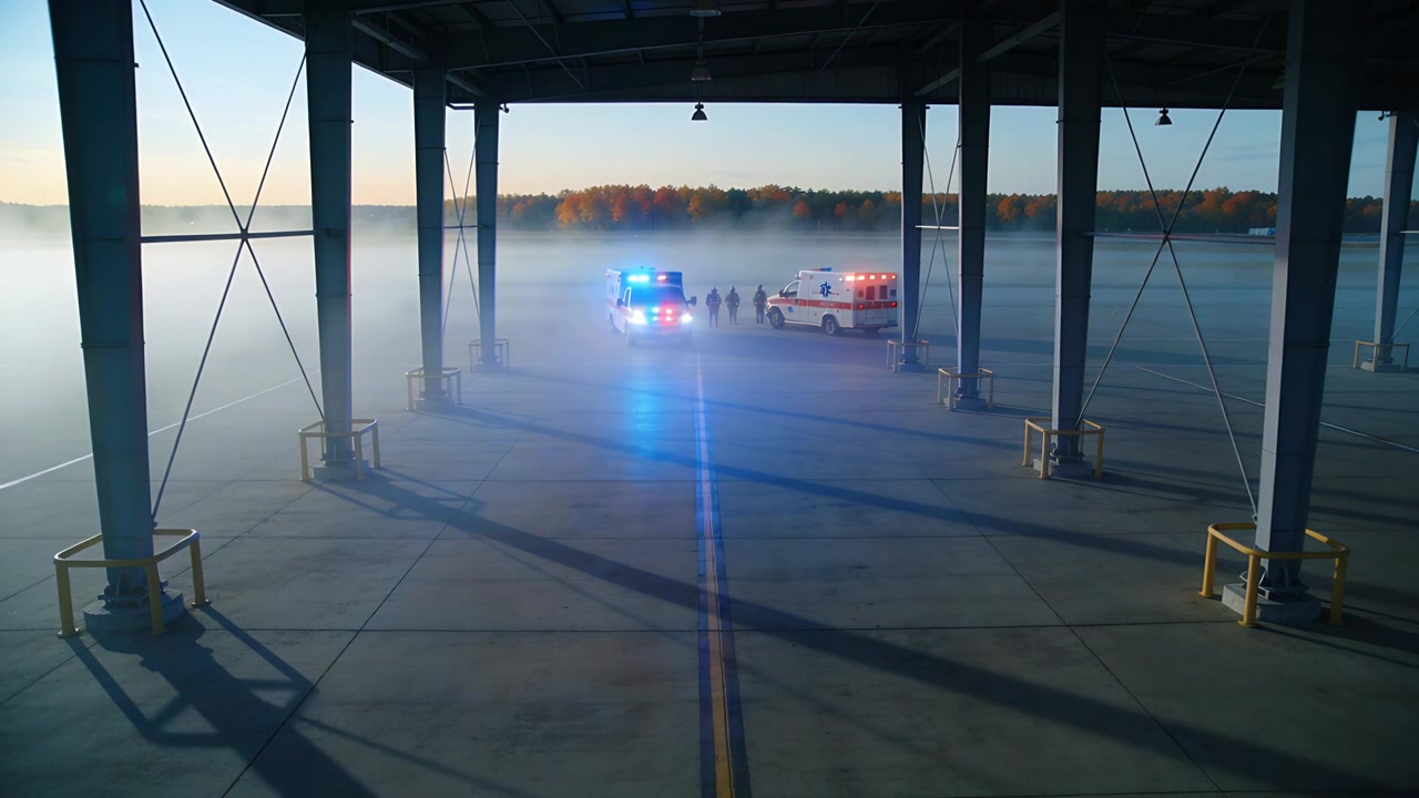 Luci di emergenza lampeggianti, squadra con giubbotti ad alta visibilità che coordina gli aiuti in un hangar, vicino a un'auto della polizia e ai servizi di emergenza.