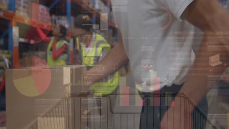 animación del procesamiento de datos sobre diversos trabajadores en el almacén