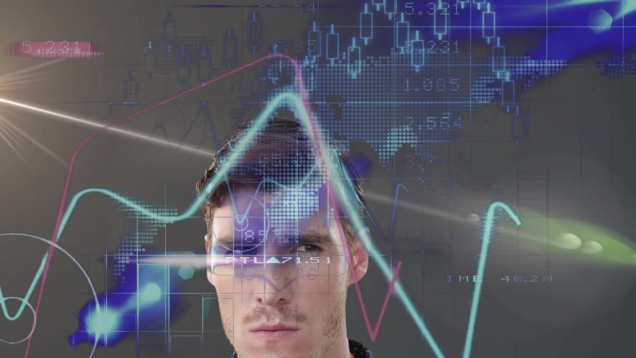 Animation of financial data processing over caucasian businessman