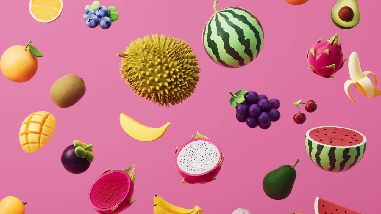 Et utvalg fargerike frukter, rike på vitaminer og næringsstoffer, 3D-gjengivelse