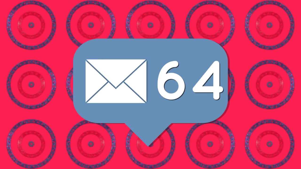 Message icon with increasing numbers against stars on multiple spinning circles on red background