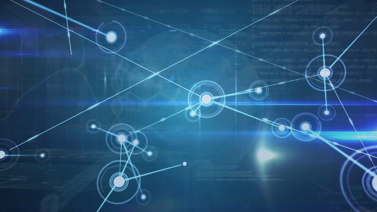 animación de la red de conexiones y procesamiento de datos sobre fondo negro