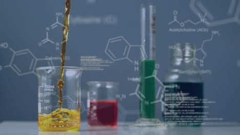 coloured liquids in containers on lab bench with moving data