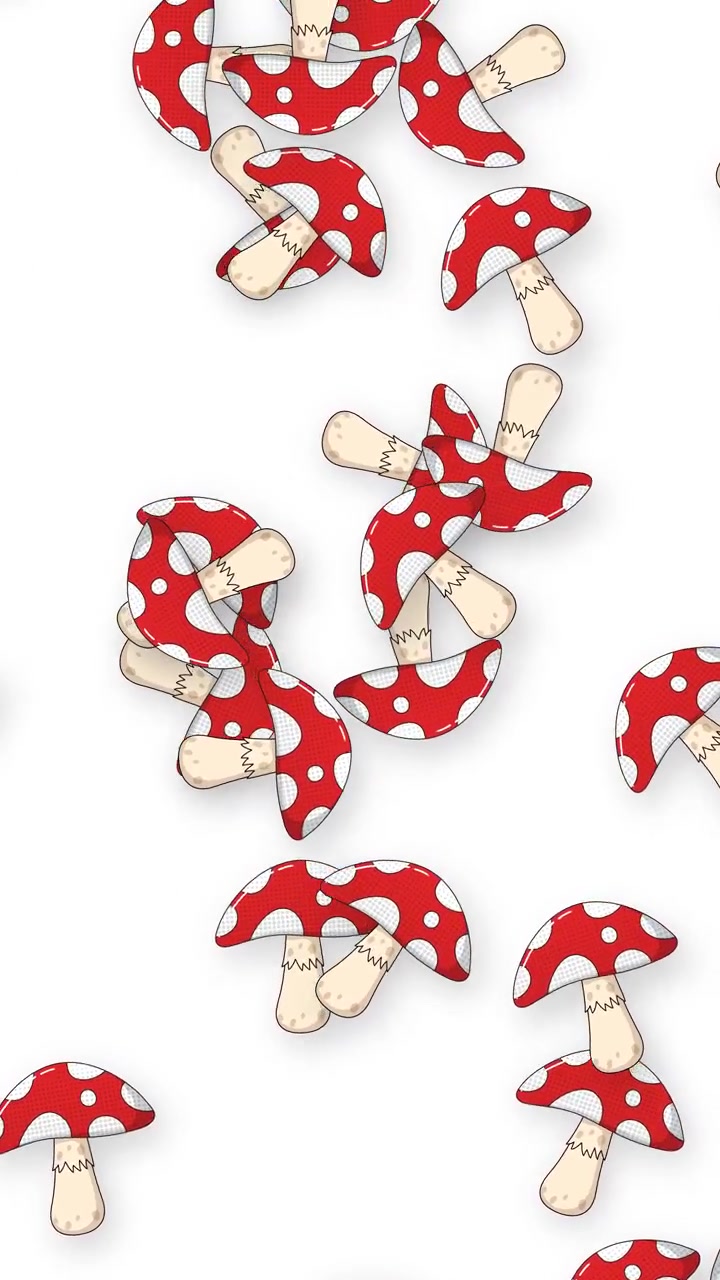 Red fly agaric mushrooms fall continuously in a vertical loop against a plain white background.