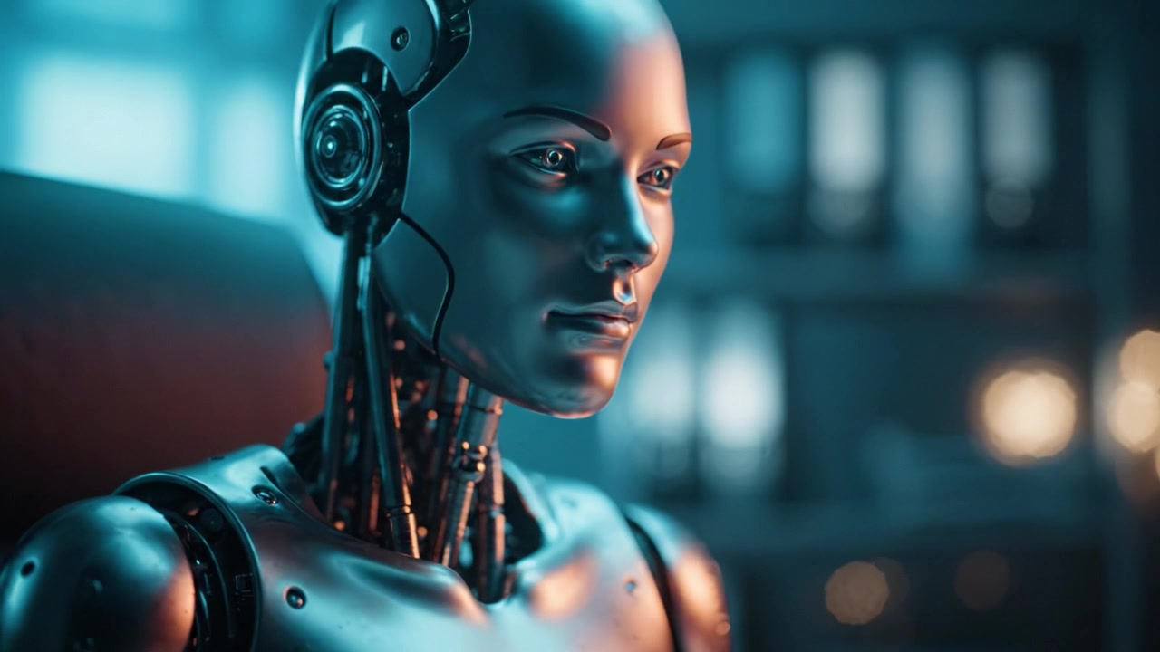 Futuristic Robot Engaged in Digital Communication, Showcasing Advanced AI Interfaces and Trust in Technology through Interactivity and Human-like Features