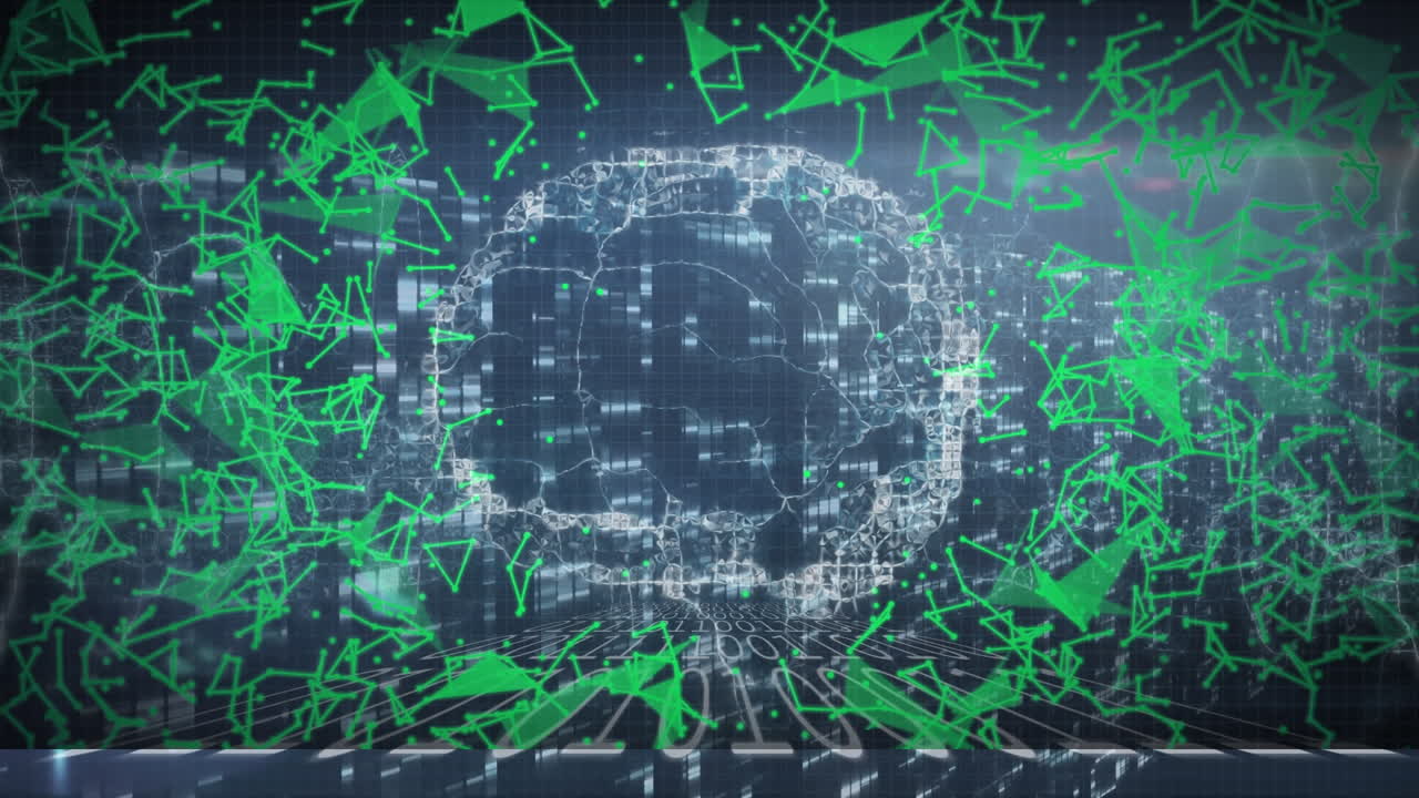 animación del cerebro con formas y procesamiento de datos sobre fondo azul