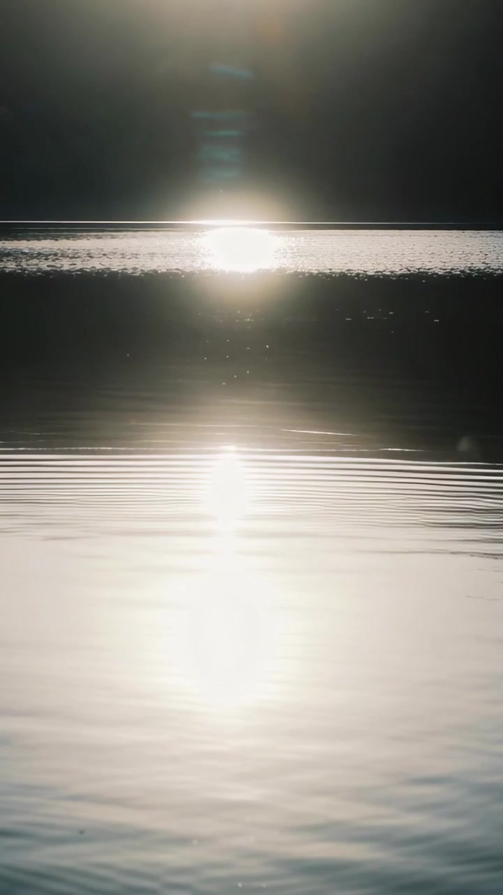Vertical video: Nearing horizon sun casting vertical reflection on calm lake at dawn, with ripples
