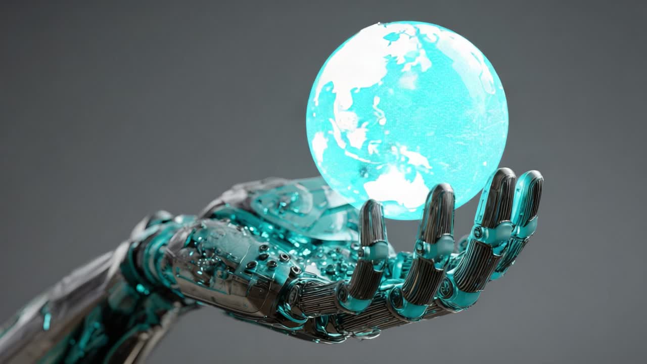 Futuristic cyborg's metallic hand holding and controlling a glowing digital hologram of planet Earth, symbolizing global technology, artificial intelligence, and the future of our world
