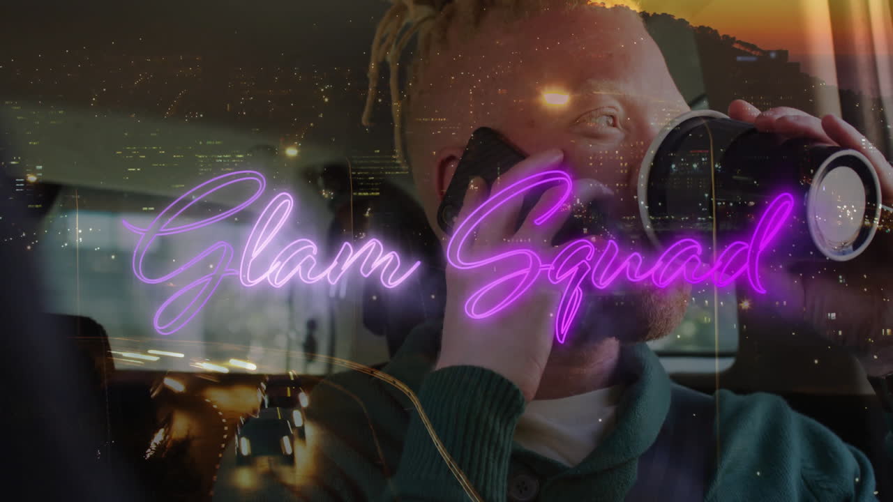 man making tech call on smartphone and sipping mug in car, Glam Squad overlay, cityscape animation