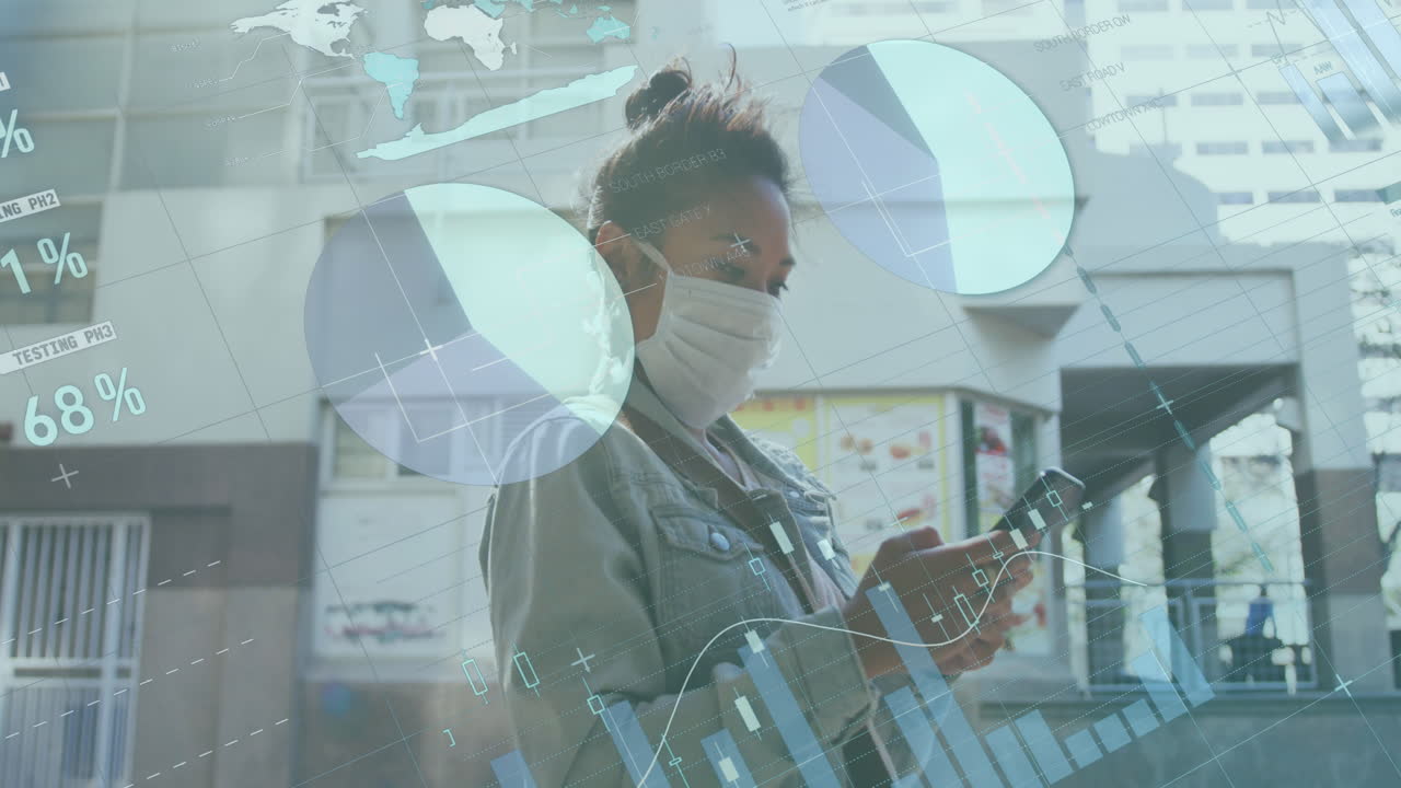 Animation of financial data processing over biracial woman in face mask in street