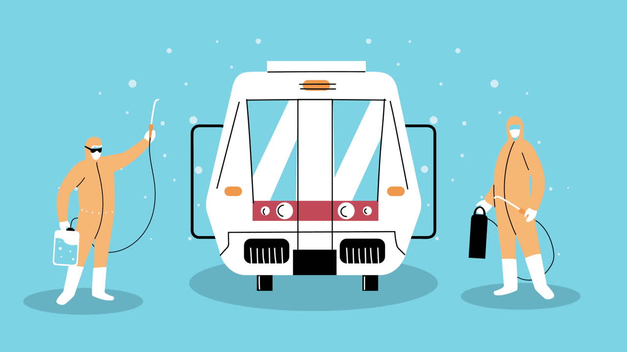 생물 안전복과 소독제 스프레이를 착용한 직원들이 버스에 탑승합니다.