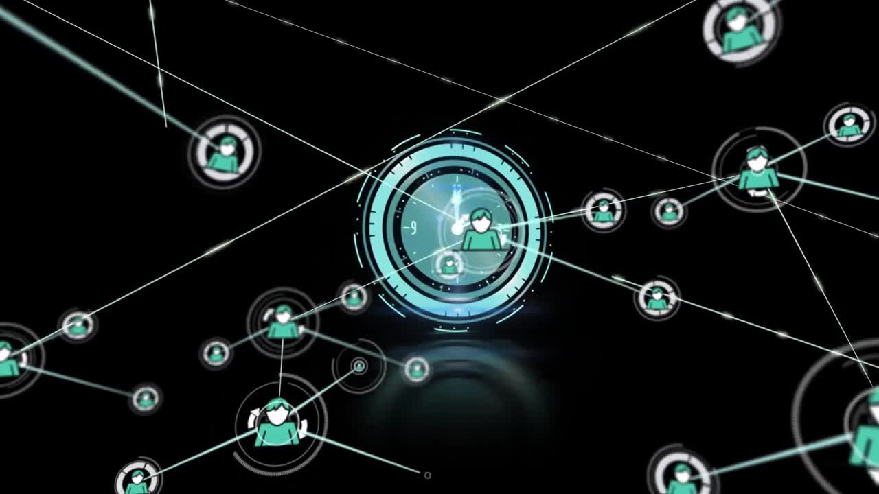 animación de la red de iconos de perfil sobre un reloj de neón contra un fondo negro