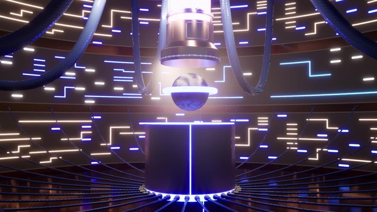 인공 지능 시스템, 컴퓨터 비전, 딥 러닝, 빛나는 네온 불빛, 광택 표면, 케이블 연결, 천천히 회전하는 3d 애니메이션 카메라