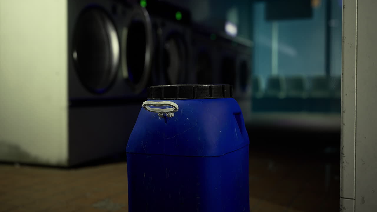 Blue container in a laundromat with washing machines in the background