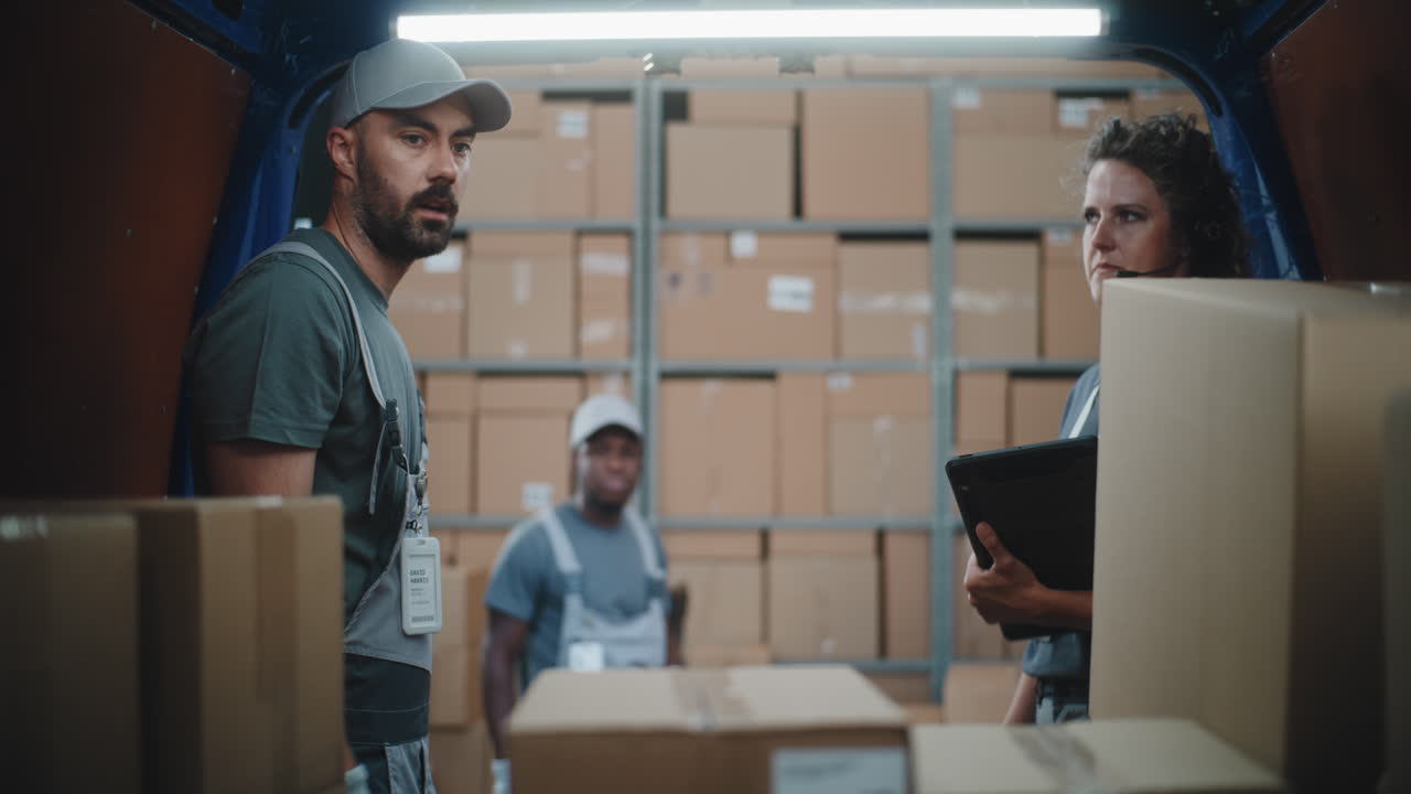 Warehouse workers managing inventory and packages in a logistics center