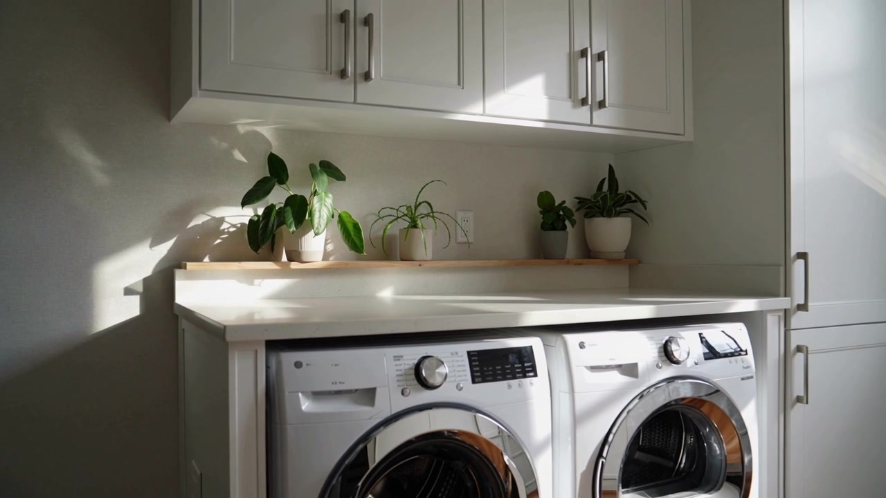 Panning camera revealing frontload washer and dryer in home laundry, light shifting on chrome doors