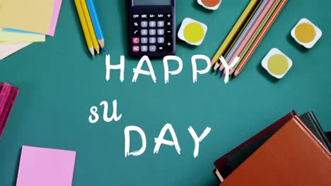 Animation-of-happy-substitute-day-text-over-school-items-on-green-background