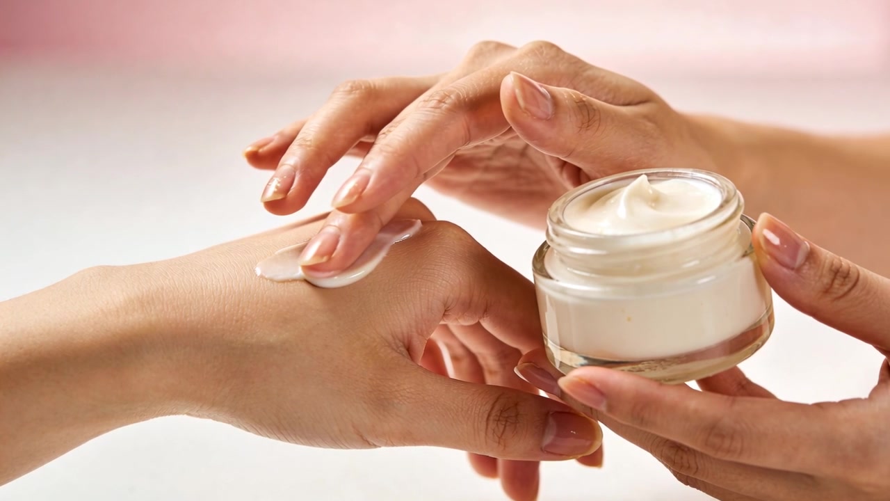 Verzorgde handen pakken een klodder crème en smeren deze glad over de rug van de hand voor een studiodemonstratie met een potje.