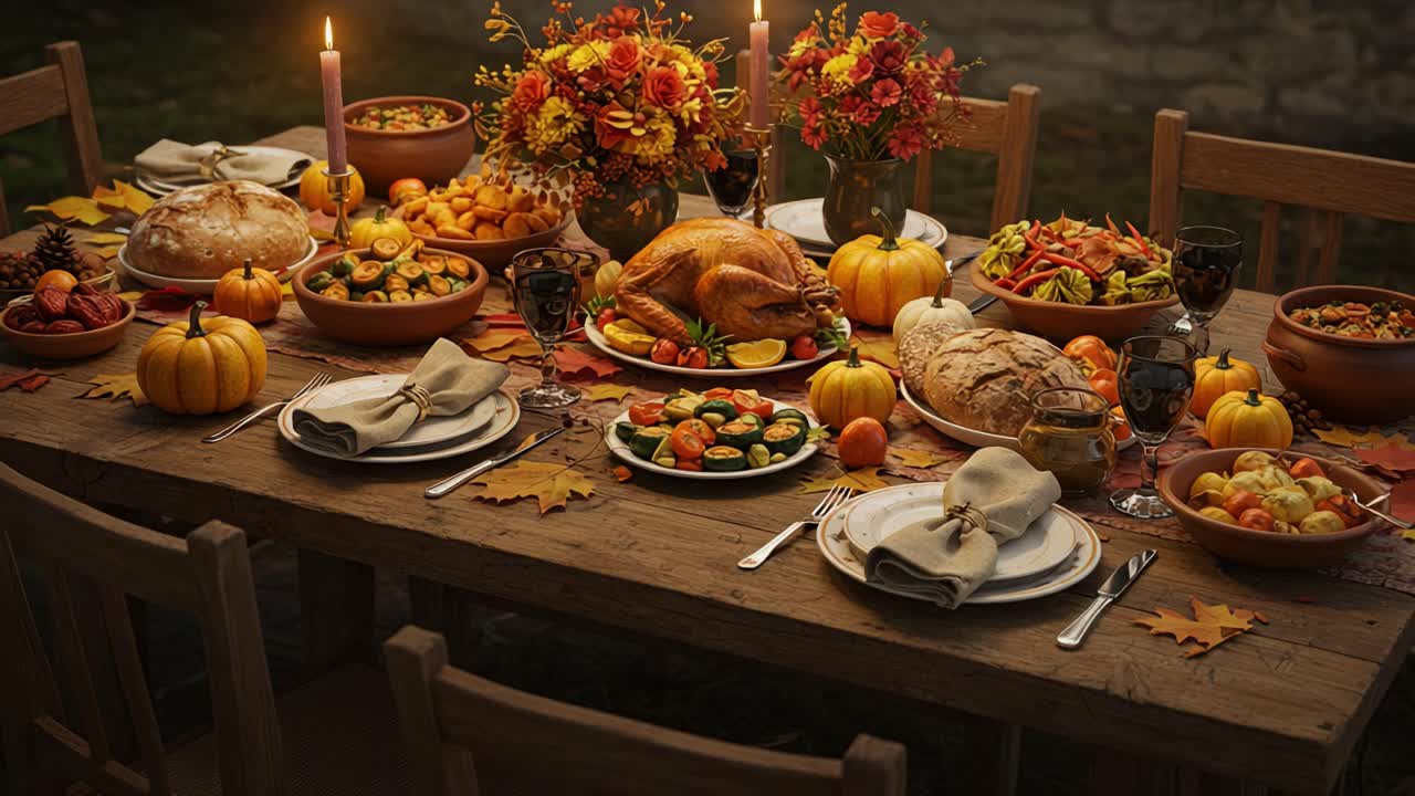 A Festive Harvest Table Setting with an Abundant Feast Featuring Turkey, Seasonal Vegetables, and Autumn Decorations Perfect for Celebrating Togetherness and Gratitude