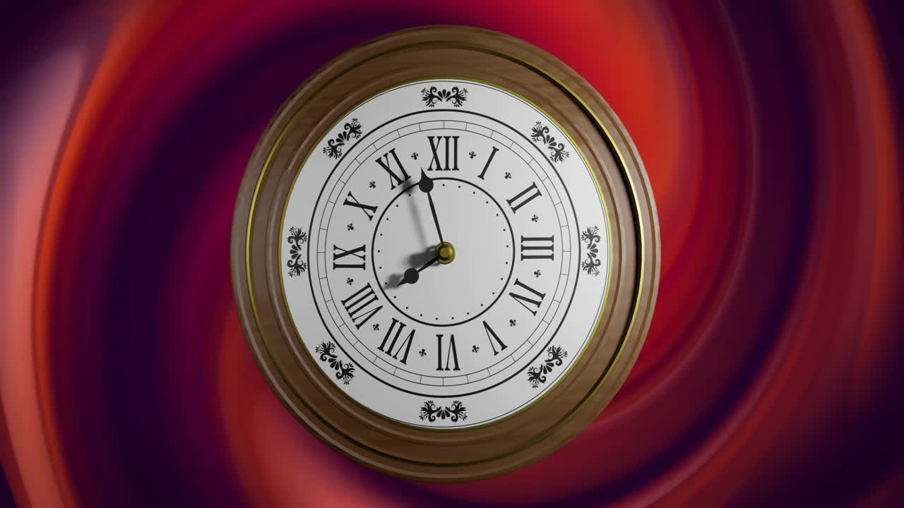Animation of clock ticking over red swirls background