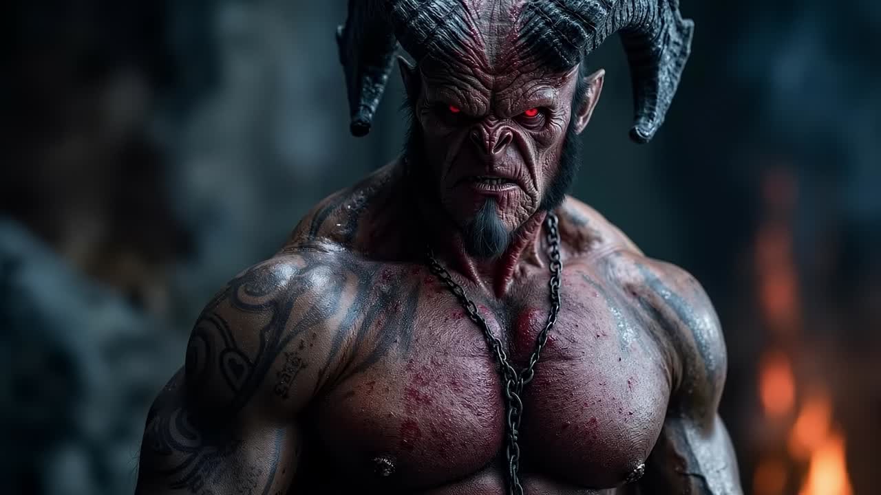 A demonic demon with horns and a chain around his neck