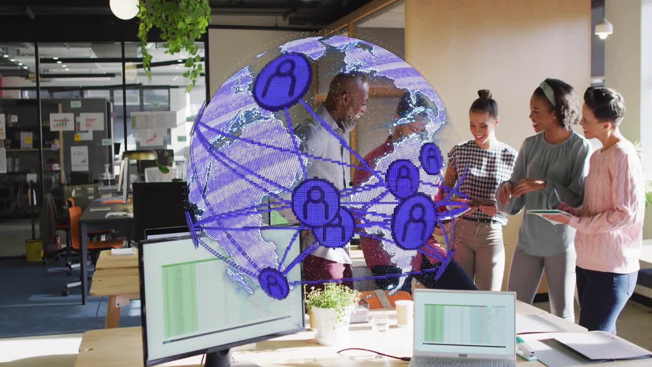 Office team tapping tablet screen and activating 3D globe highlighting business network nodes