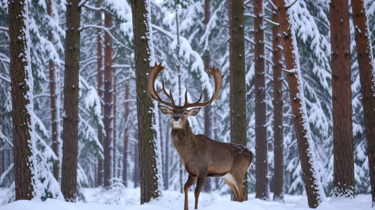 Stag in a Snowy Winter Forest