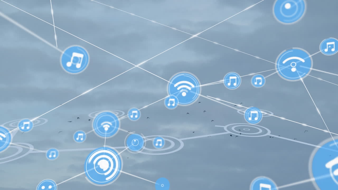 animación de la red de conexiones con iconos sobre fondo azul