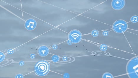 animación de la red de conexiones con iconos sobre fondo azul