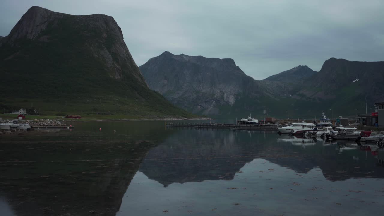 Selfjorden Lake With Reflections At Flakstadv&aring;g Village On The Island Senja In Northern Norway