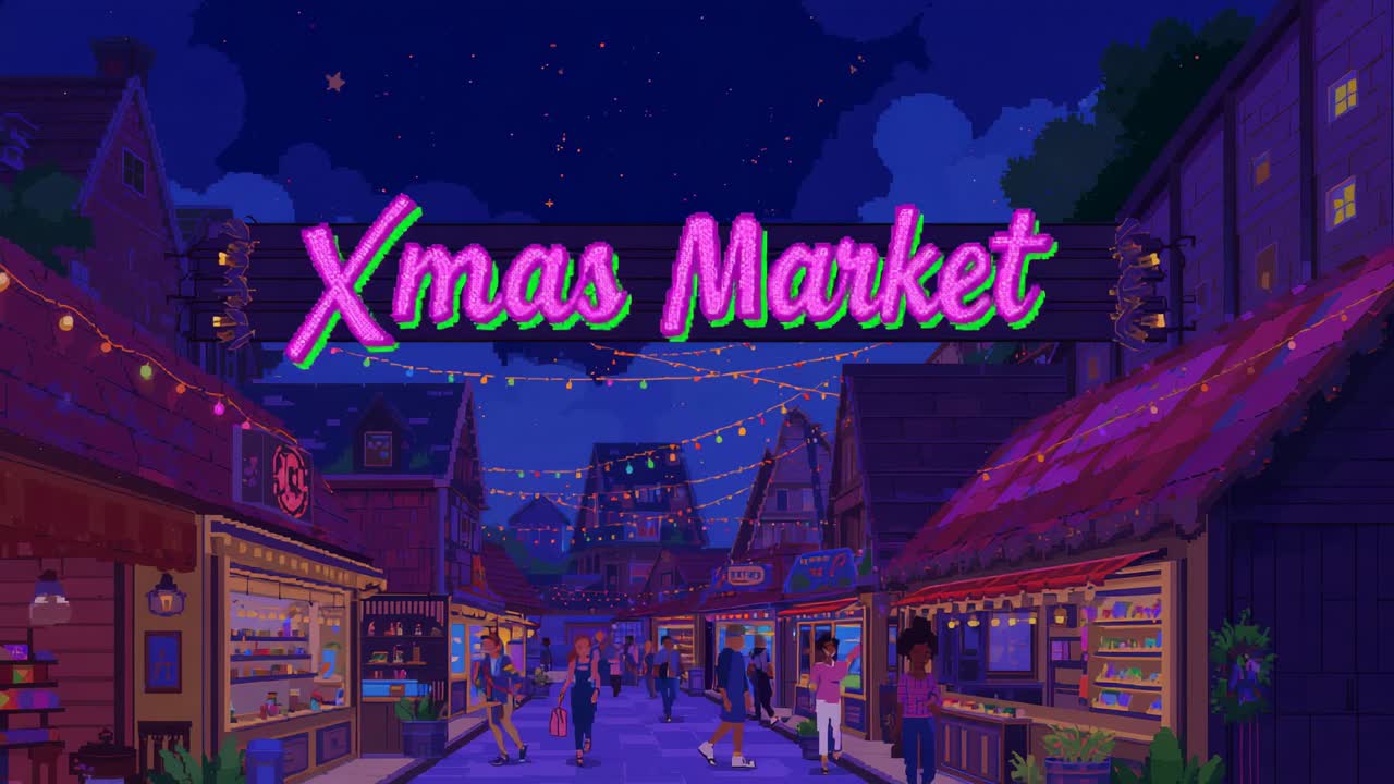 Lighting Xmas Market neon sign drawing shoppers in coats to cobbled lane for gifts, stalls selling