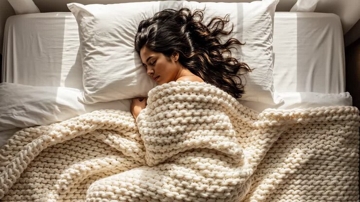 Donna che dorme beatamente a letto con una coperta morbida