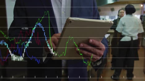 animación de múltiples gráficos con números cambiantes, diversas personas usando tableta digital