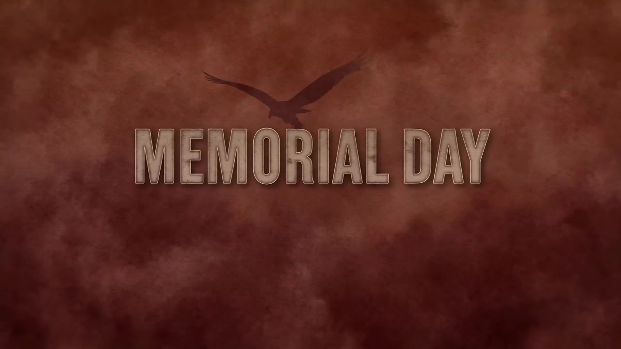 Rivelando un titolo che mostra MEMORIAL DAY, una forma di uccello e la scritta NON DIMENTICHEREMO MAI su uno sfondo bordeaux in onore.