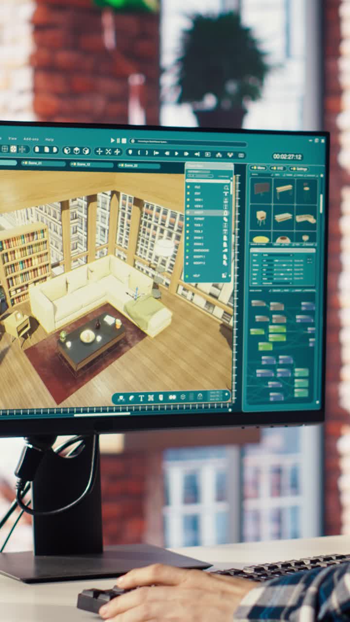 Vertical video Assets being moved in 3D modeling architectural design software interface