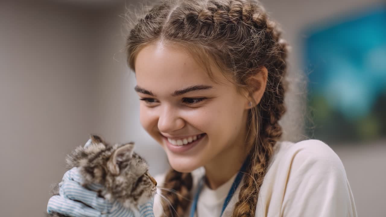 A Joyful Bond: A Young Girl's Heartwarming Interaction with a Small Kitten, Showcasing Unconditional Love and Compassion in a Delightful Moment