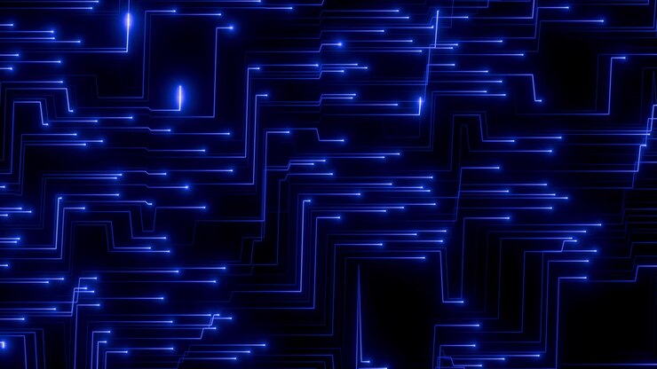 Sfondo Astratto Blu Luminoso con Flusso di Dati Digitali e Motivo di Circuito Stampato