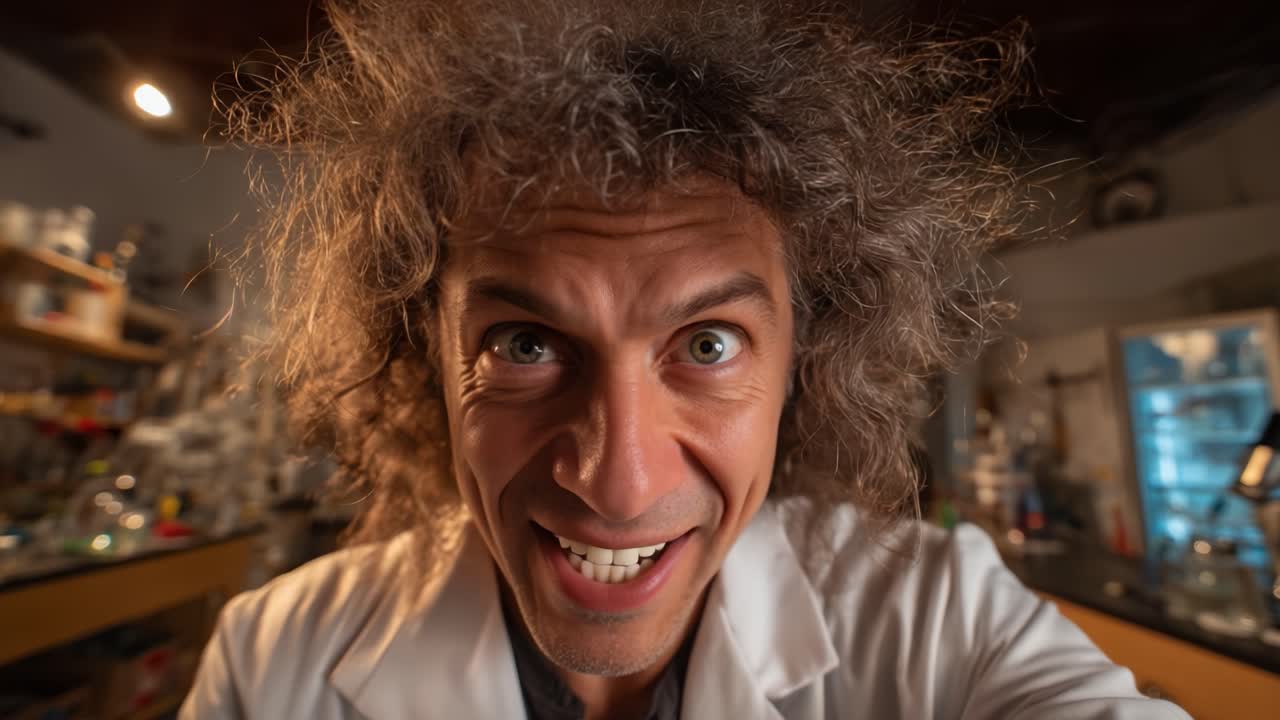 Uno scienziato appassionato in un laboratorio mostra un'espressione intensa, rivelando entusiasmo e curiosità in un'esplorazione creativa di esperimenti innovativi