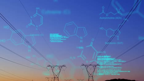 estructuras químicas con códigos de programa y un fondo de torres de transmisión