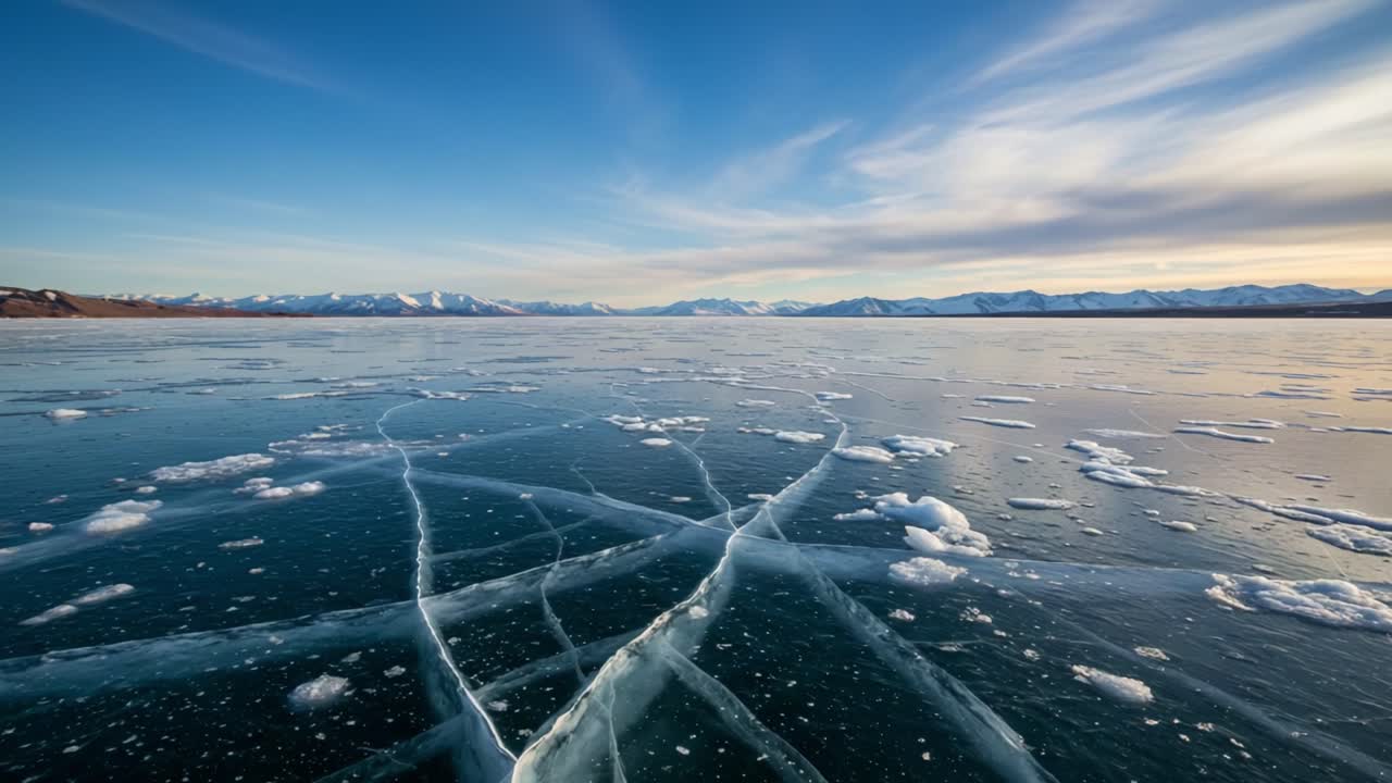 Serene Ice Landscape: A Captivating View of Cracked Ice on a Frozen Lake with Majestic Mountain Range Under a Stunning Blue Sky and Wispy Clouds