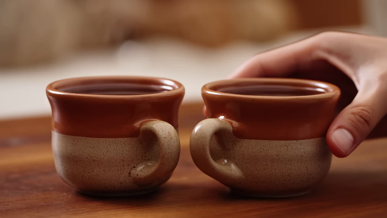 Dos tazas de café de cerámica en mesa de madera, mano extendiéndose para levantar una taza, líquido de espresso caliente, marrón esmaltado.