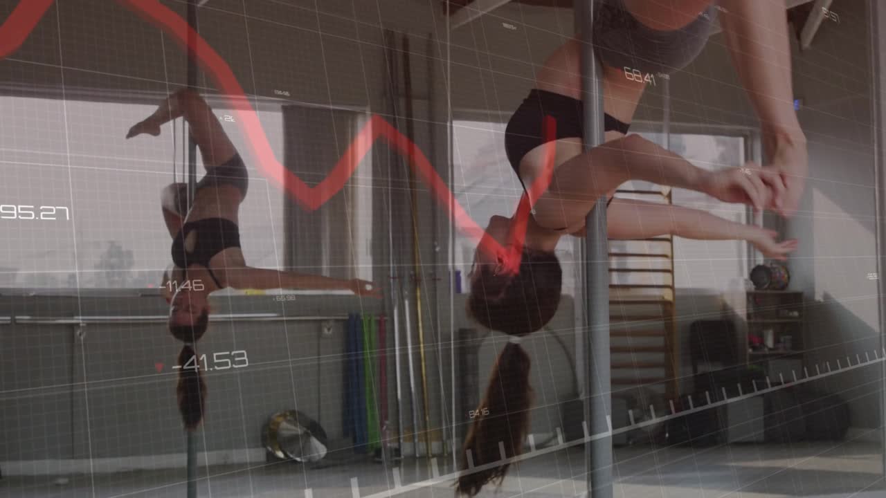 Atleta donna che afferra un palo, si arrampica, si inverte e gira, con un grafico rosso che monitora la forma fisica