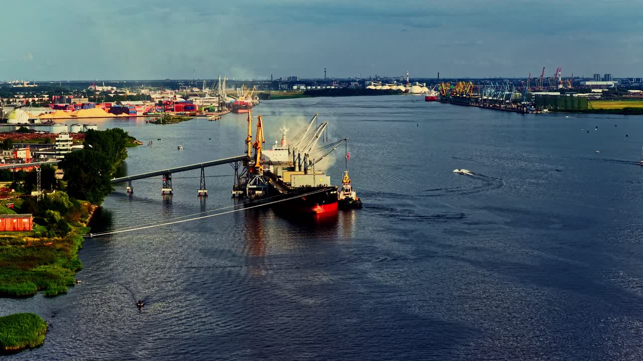 Aerial view of port with ships, sunny day, logistics, vibrant mood